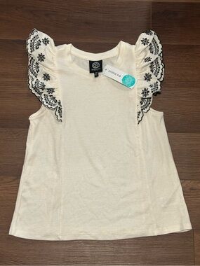 Bobeau Petite Embroidered Ruffle Sleeve Top XSP